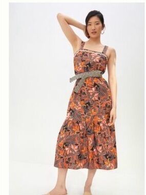Corey Lynn by Anthropologie Orange Tropical Print Flounced Midi Dress
